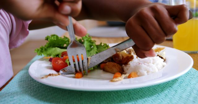 Close up of child eating healthy meal with vegetables and rice - Download Free Stock Images Pikwizard.com