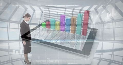 Businesswoman Analyzing 3D Bar Chart on Tablet in Futuristic Atrium