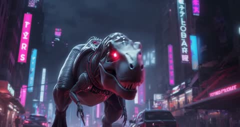 Cyberpunk Biomechanical T. Rex Roaming Futuristic City
