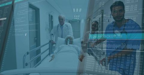 Medical team transporting patient on hospital gurney with cybersecurity data overlay