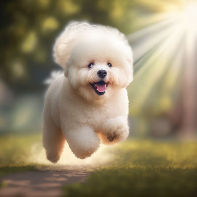 A joyful poodle runs outdoors in the sunlight. Its fluffy coat and playful demeanor showcase the breed's energetic nature.