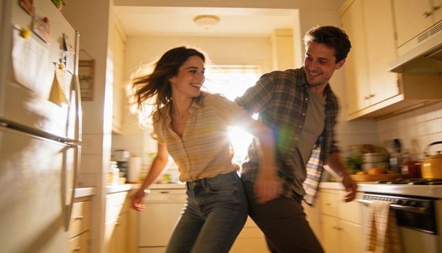 Sunlit couple dancing playfully in cozy kitchen | morning romance and joyful lifestyle