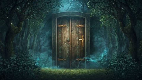 Enchanted Forest Portal with Glowing Blue Mist