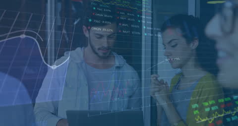 Colleagues Analyzing Stock Market Data on Laptop in Modern Office