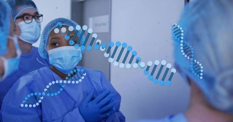 Surgical team preparing for operation with dna graphics representing precision medicine