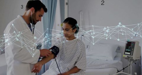 Doctor Monitoring Patient Vital Signs with Futuristic Digital Network