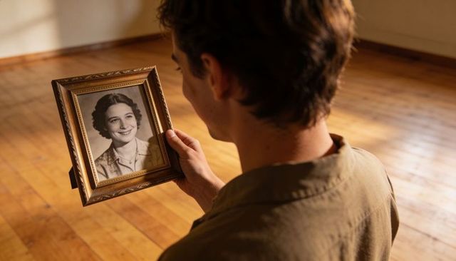 Young man holding vintage framed black-and-white portrait in sunlit empty hardwood room