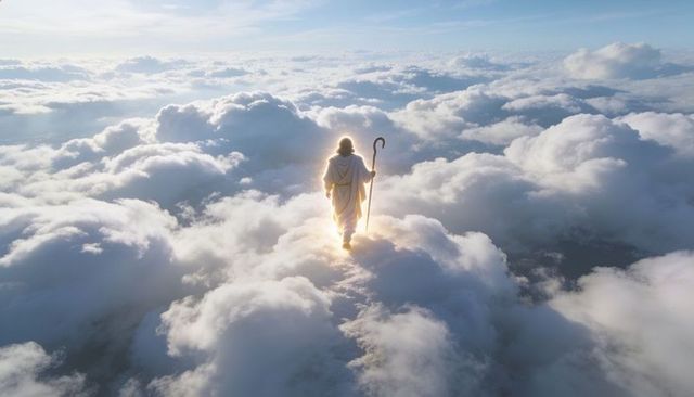 Walking robed figure above sunlit clouds holding staff with glowing halo trail