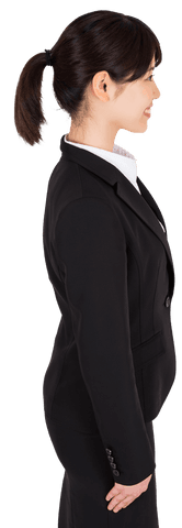 Side View of Happy Asian Businesswoman Facing Forward Transparent Background