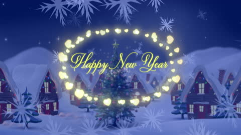Festive Happy New Year Animation with Snowy Village Scene