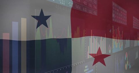 Panama flag overlaid on stock market data analysis visualization