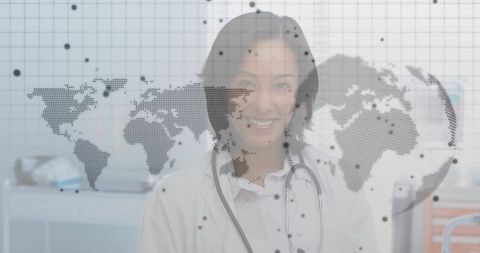 Female Doctor with World Map Overlay Representing Global Health Tech
