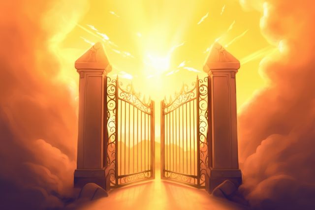 Gates of heaven with clouds and sun setting, created using generative ai technology. Heaven, sky and paradise concept digitally generated image.