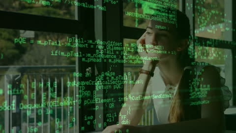 Pensive Female Student Amid Complex Data Processing Animation