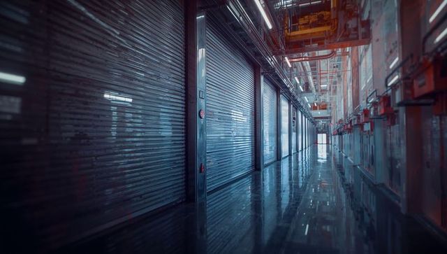Reflective industrial corridor with roller shutters and piping