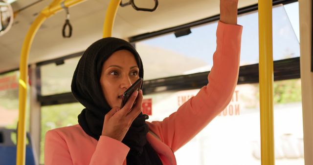 Confident Woman Speaking into Microphone while Riding Bus - Download Free Stock Images Pikwizard.com