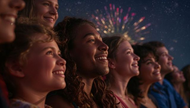Smiling diverse group watching fireworks at night, joyful festival celebration