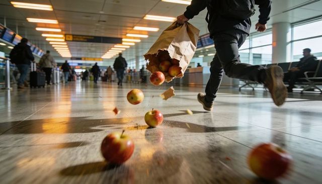 Traveler running while spilling paper bag of red apples in busy airport terminal