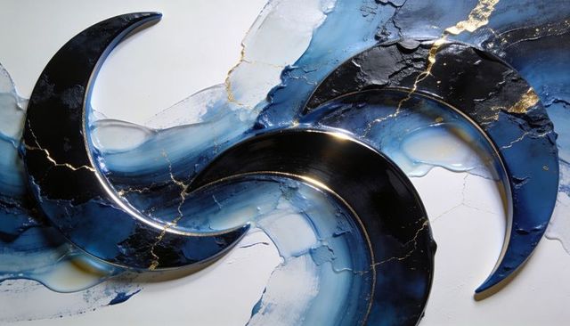 Gilded blue crescent spirals with gold veining on white primed panel, resin art