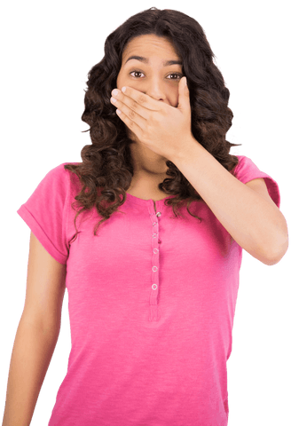 Surprised Woman with Hand Covering Mouth on Transparent Background