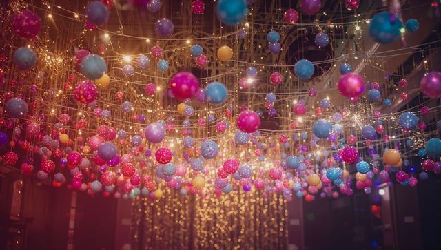 Vibrant Hanging Ornaments with Twinkling String Lights at Party Gallery