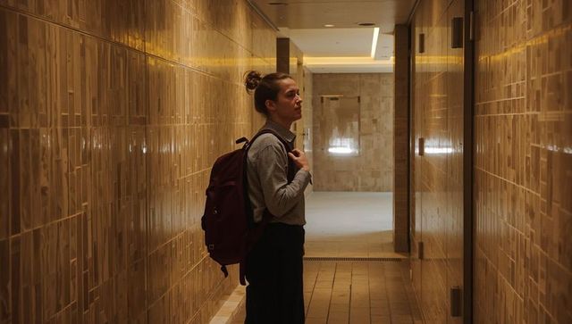 Contemplative woman with backpack pausing in warm glossy tiled corridor, minimalist calm