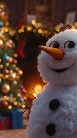 Smiling Snowman at Fireplace with Twinkling Tree Lights and Pulsing Garland