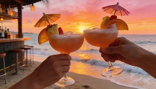 Toasting tropical cocktails at sunset on sandy beach with umbrella garnishes