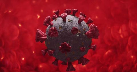 3d coronavirus cell with red blood cells in background
