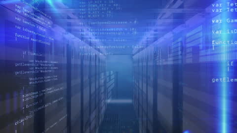 Data Processing in Modern Server Room with Dynamic Blue Tech Overlay