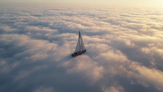 Sailing Boat Floating Above Golden Cloudscape at Sunrise