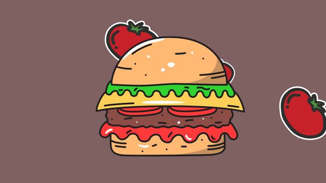 Vibrant and playful illustration featuring a cartoon-style hamburger and tomatoes set against a neutral background. Perfect for using in food-related promotional materials, digital content for World Food Day, or any vector-specific art projects focused on fun and creativity. Useful for social media graphics, blogs, or culinary event advertising material.