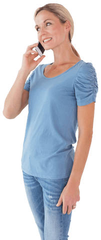 cheerful woman talking on phone wearing casual blue top on transparent background - Download Free Stock Videos Pikwizard.com