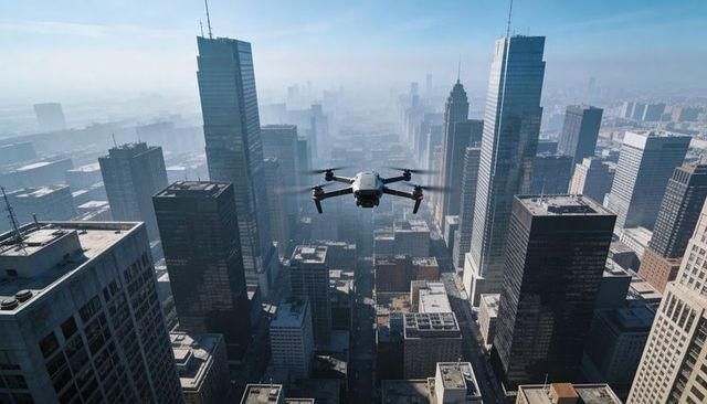 Compact quadcopter drone hovering above downtown skyscrapers capturing rooftops