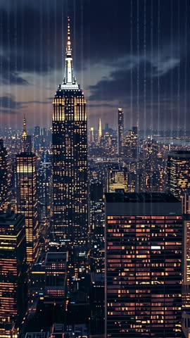 Vertical cyberpunk Midtown skyline with code rain over illuminated skyscraper at dusk