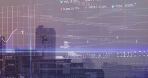 Smart city skyline projecting digital data overlay with binary code and stock market HUD