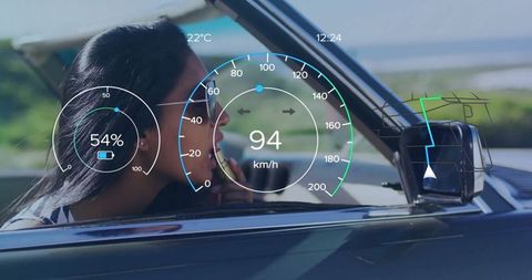 Woman Driving Convertible with Futuristic HUD Overlay