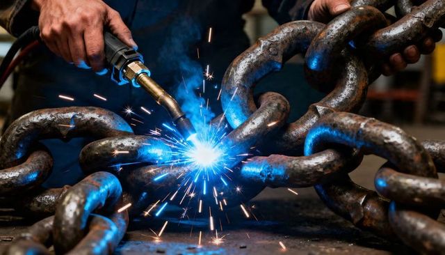Welding chain links with blue arc and sparks, heavy duty metal fabrication workshop