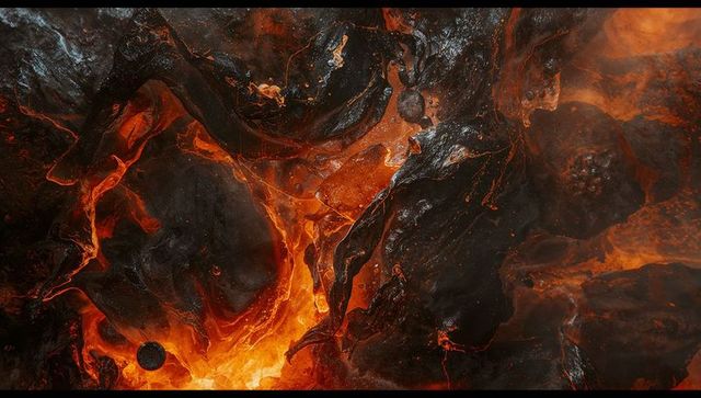 Dynamic volcanic lava flow with molten core and solidified crust