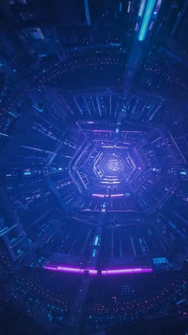 Camera Pushing Through Neon Hexagonal Tunnel with Pulsing Magenta Lights | Vertical Video
