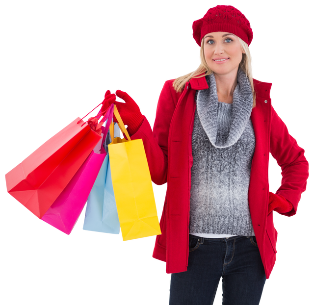 Blonde Woman in Winter Clothes With Shopping Bags on Transparent Background - Download Free Stock Videos Pikwizard.com