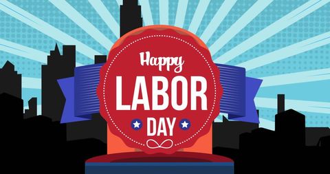 Happy labor day banner with stylized cityscape
