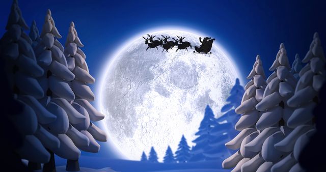 Santa's Sleigh and Reindeer Silhouette Against Full Moon - Download Free Stock Images Pikwizard.com