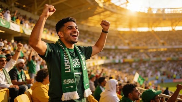 Cheering football fan raising fists and wearing green scarf in sunlit stadium crowd