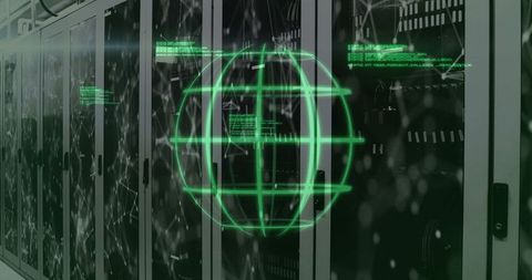Futuristic holographic globe in data center with server racks
