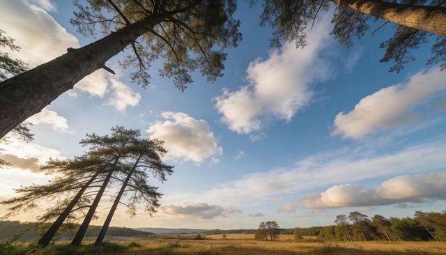 Sunlit pines leaning into frame, golden meadow glowing under drifting clouds and blue sky