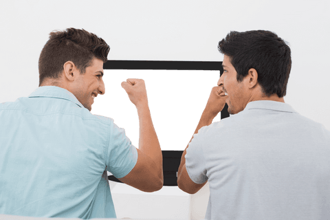 Men enthusiastically cheering in transparent screen living room