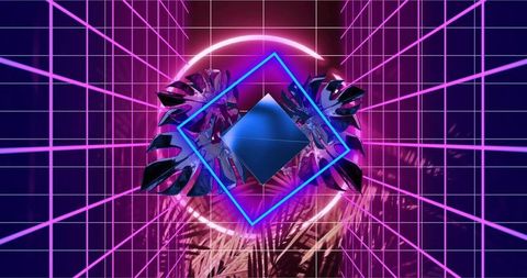 Retrofuturistic neon tunnel with blue rhombus and glossy monstera leaves, synthwave vaporwave