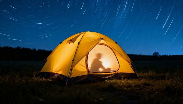 Glowing yellow tent with seated silhouette under swirling star trail night sky