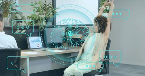 Futuristic presentation with ai data hologram in modern office